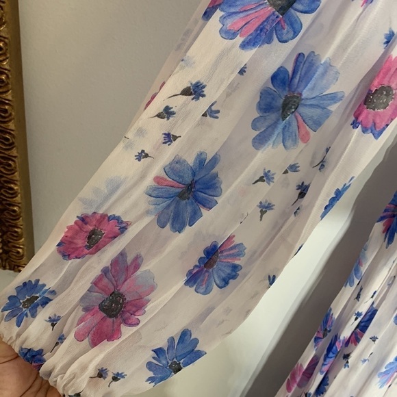 LOVESHACKFANCY Bevelyn Blouson-Sleeve Floral Pink Blue Surplice maxi Dress 8 new - Picture 5 of 10